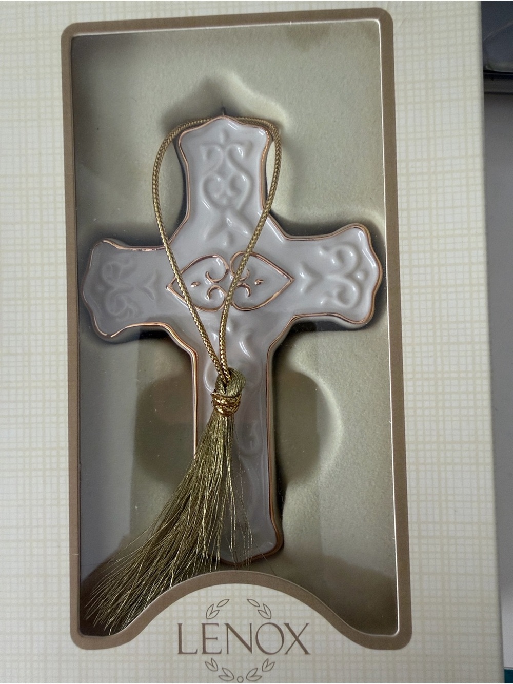 Lenox Ivory  Ceramic Cross with Gold Trim Hanging Ornament